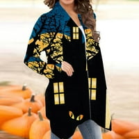 Есен жилетка за жени, Хелоуин жилетки за жени тиквени котки печат плетене на жилетка отпред с леки плетени палто