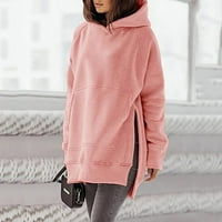 Дълго ръкав топъл цвят твърд женски пуловер за зима за всички мача зимен пуловер качулка за жени ежедневно качулка с качулка без печат пуловер XL розово