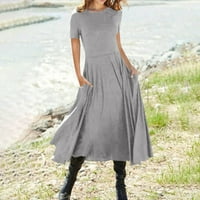 Дамска мода лято Плътен цвят с къс ръкав Джобен пуловер рокля сив 2хл