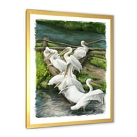 Дизайнарт 'Пеликани почиващи край речна вода' традиционна рамка Арт Принт