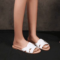Женски летни плоски слайдове Сандали Небрежни каишки Кръстови линии на плъзгачи плаж плоски сандали за жени ---- White