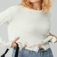 Дамски И2К изтръгнат пуловер дълъг ръкав екипаж реколта трикотаж пуловер Топ торбести Затруднени Пуловер пуловер върхове улично облекло