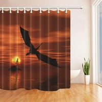 Животни декор Дракон, летящ ниско над спокоен океан при залез пръстени, включени оранжева полиестерна тъкан за баня душ завеса