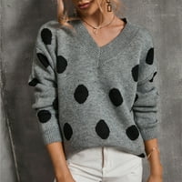 Жени пуловер- V-образна плетена полка точка пуловер моден плетен пуловер топ блуза сиво s