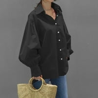 Дамски върхове Просвещение под $ жени Модни ежедневни копчета за ревери с дълъг ръкав Торове Блузна риза Солиден топ Blosue Black W10189