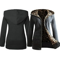 Жените кратко качулка анорак яке яке плътен цвят Дълъг ръкав топло зимно палто Леопард Връхни дрехи, Тъмно сиво