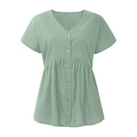 Летни женски ризи женски върхове летен бутон нагоре твърд цвят небрежен къс ръкав v вратна риза слоести развълнувани разхлабени риза тениска мента зелена xxl