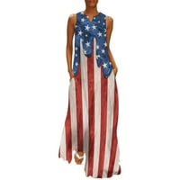 Смихоно лято ден на независимостта Макси резервоар рокля за жени приплъзване патриотични САЩ знамена къща рокля цепка срещу врата Бебидол джобове спокойна удобна