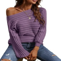 Небрежни обикновени пуловери за шия на лодка с дълъг ръкав лилави пуловери за жени