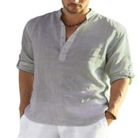 Мъжки памучно бельо Henley риза Небрежен бутон с дълъг ръкав надолу леки тийнейджъри обикновени летни плажни блузи върхове върхове