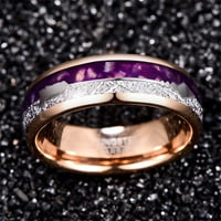 Стрелка волфрамов сватбен пръстен лилав ахат и метеорит в инкрустация розово злато, покрито полирано покритие с размер 7-12