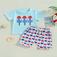 Arvbitana Toddler Baby Boys Boys Day Day Toletits Letter Print Тениска с къс ръкав + Popsicle Elastic Shorts Лятни ежедневни асцели 6m-4t