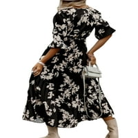 Дамски Суинг флорални принт рокля плисе есен в деколте Макси рокли А-линия рокля черно с