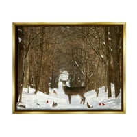 Ступел индустрии диви горски животни, събрани сред снежни дървета снимка металик злато плаваща рамка платно печат стена изкуство, дизайн от Кари Ан Грипо-Пайк