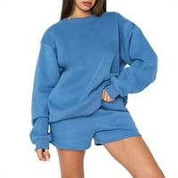 Костюми за къси панталони за жени солидни кръгли пуловери за пуловер с дълъг ръкав за ежедневни къси панталони