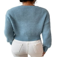 Небрежни обикновени дълбоки V вратни пуловери с дълъг ръкав прашни сини пуловери