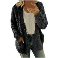 Жени ежедневни плюс размер плюшени пуловерни джобове за външни дрехи Кардиган палто черно 4xl