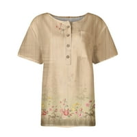 Дамски блузи ретро хлабав бутон цветя печат мода в врата къс ръкав Дамски летни върхове Каки 2ХЛ