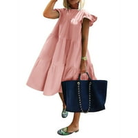 Дамски обло деколте ежедневни с къс ръкав разрохкване-подстригване летни Мини рокли розови л