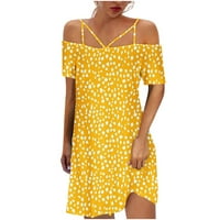 Usmixi дамски рокли секси от рамо реколта флорална люлка парти туника рокли лято леопардов принт с една линия шия къс ръкав официална мини рокля жълта l